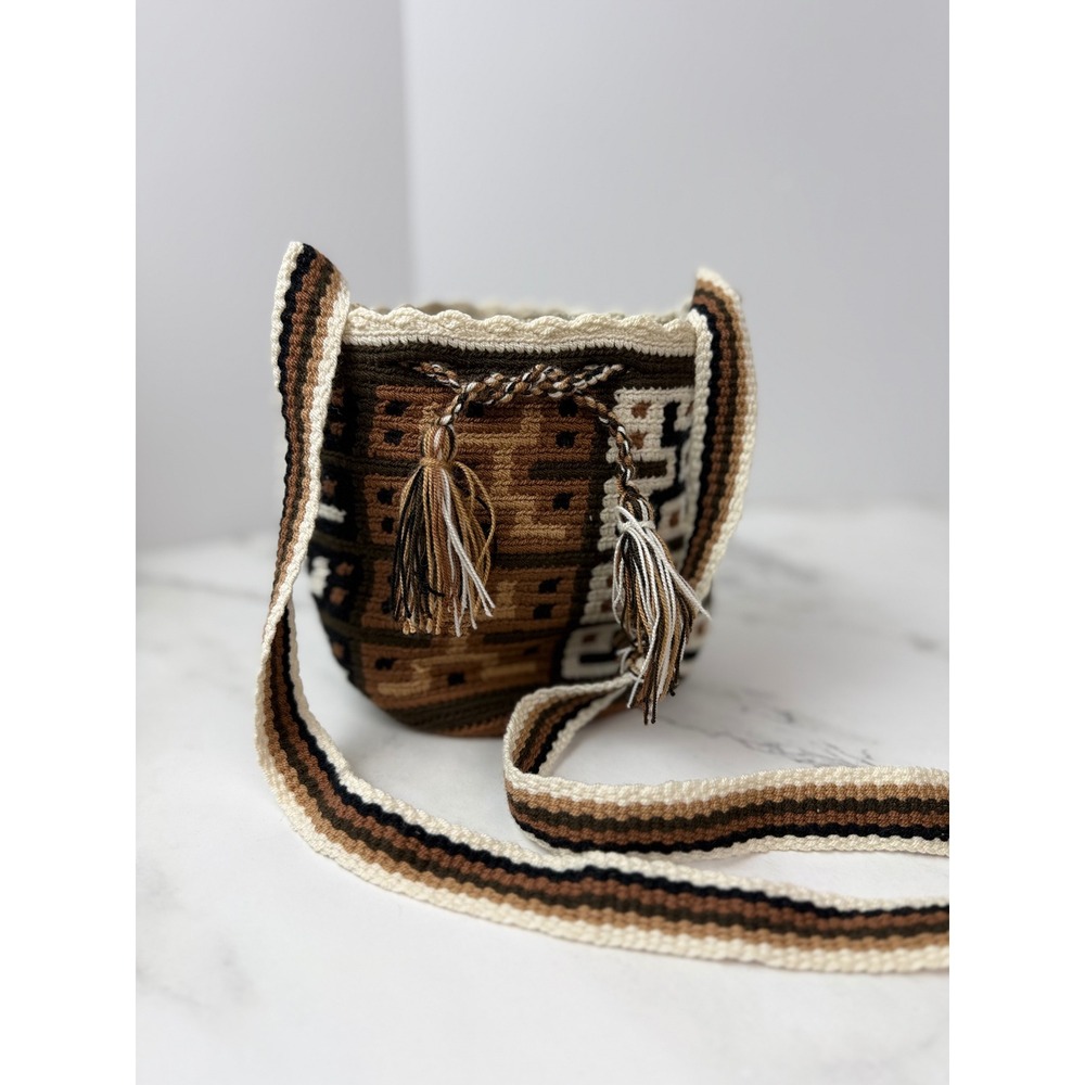 Wayuu Mochila Colombian Crossbody Handmade Brown Bag Crochet Small